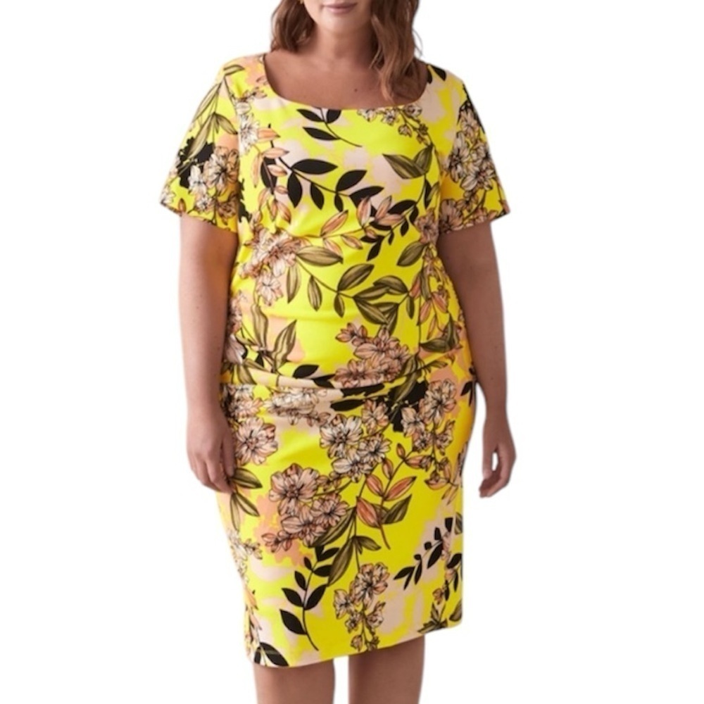 Christian Siriano Floral Dress Size 18W Yellow Sheath Knee Length Short Sleeve
